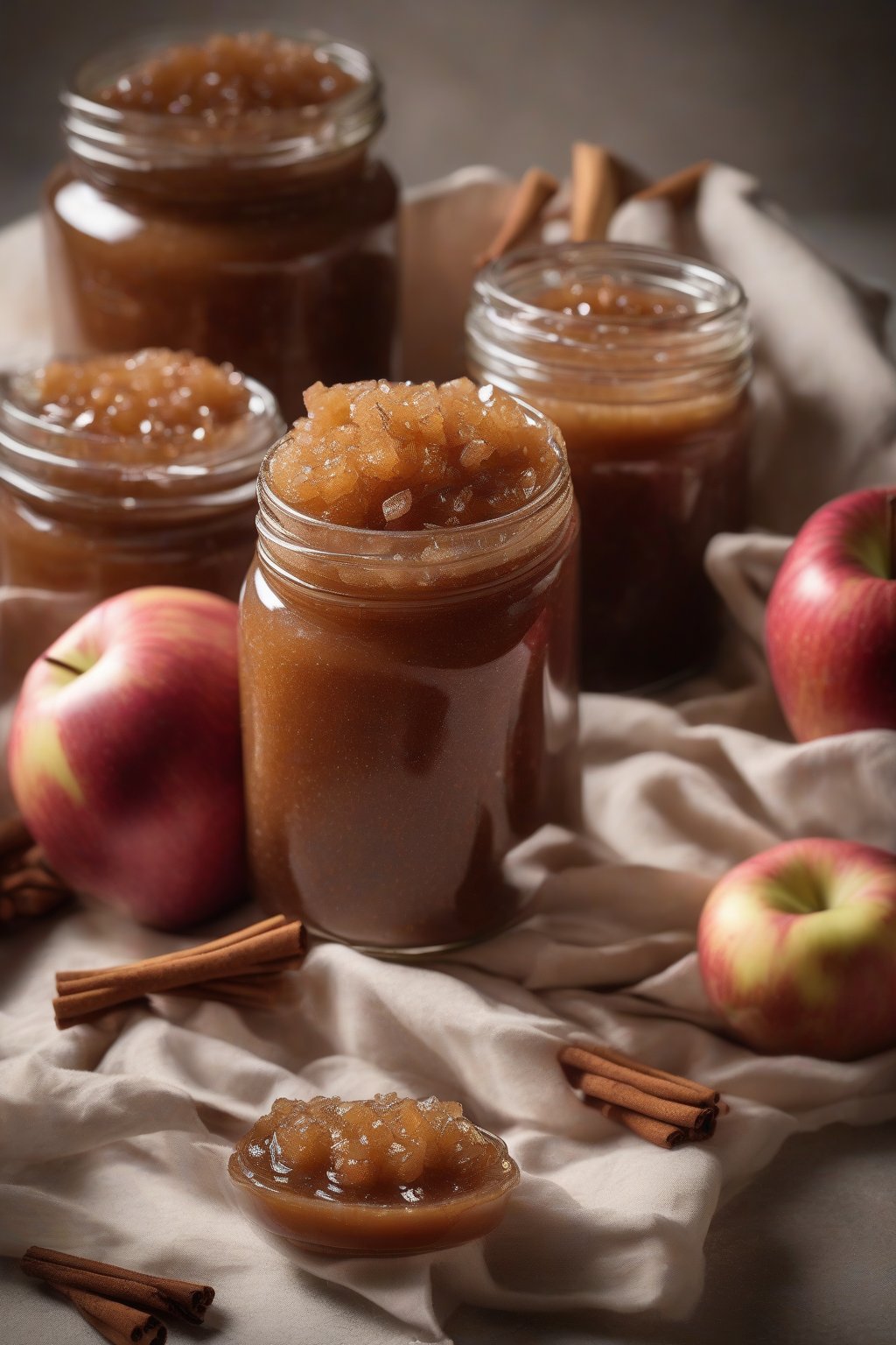 A high-resolution photo of brown sugar cinnamon apple butter jars with brown sugar crystals, under soft lighting.