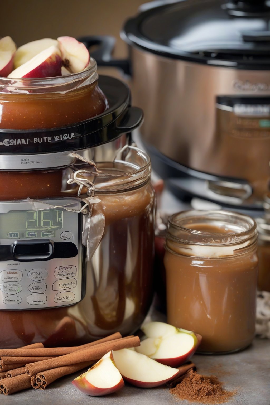 A high-resolution photo of crockpot cinnamon apple butter in jars next to a slow cooker, under soft lighting.