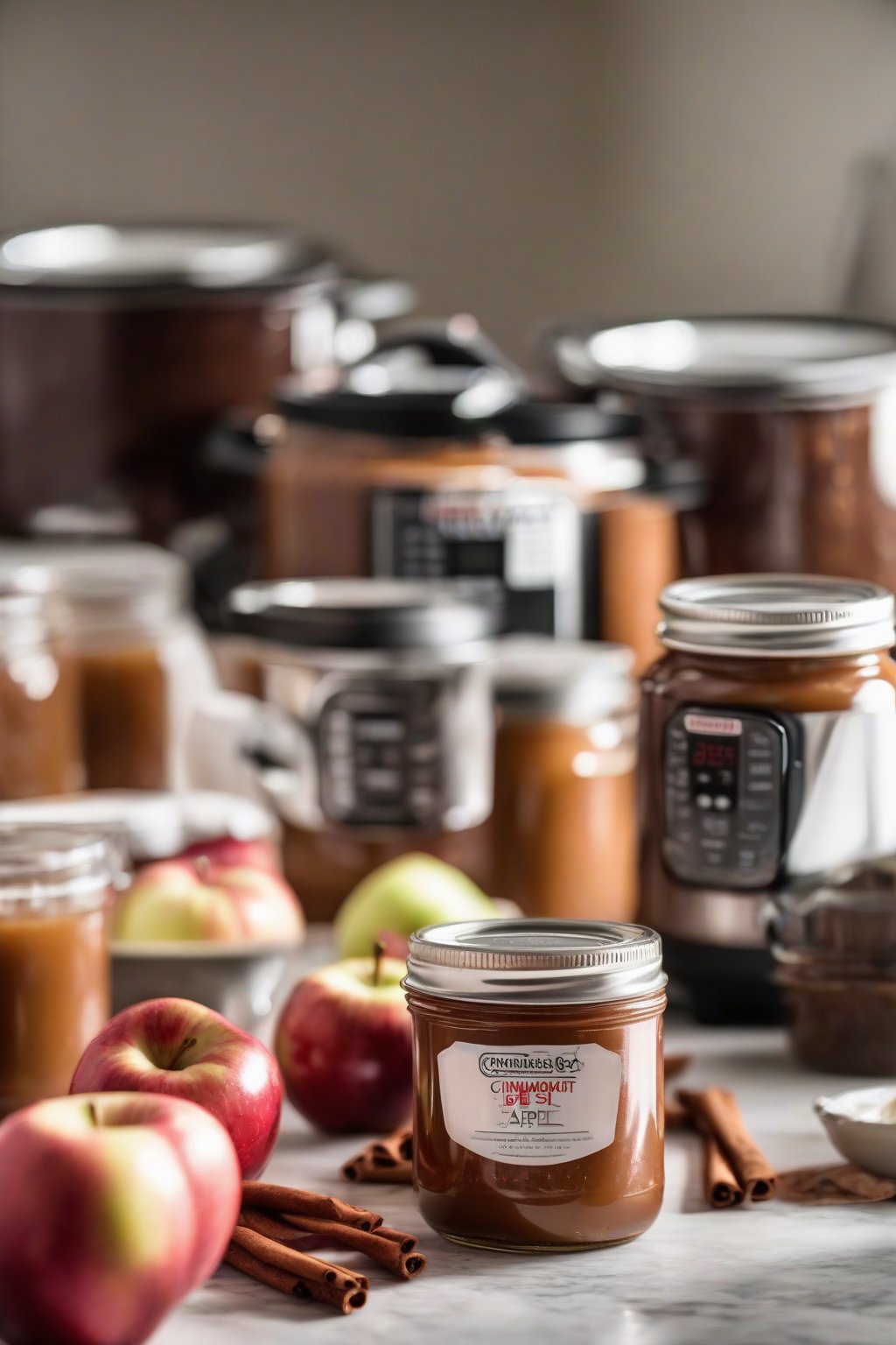 A high-resolution photo of Instant Pot cinnamon apple butter jars with pressure cooker in background, under soft lighting.
