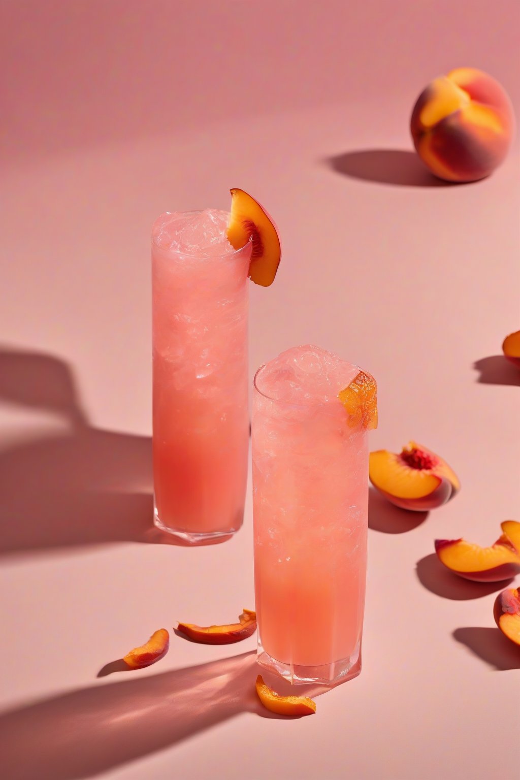A high-resolution photo of the Peach Dream Pink Drink with peachy pink tones, garnished with dried peach slices under soft lighting.