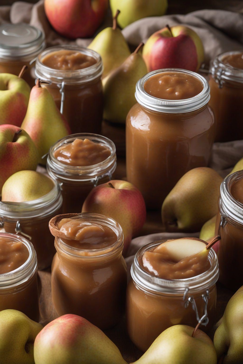 A high-resolution photo of pear-cinnamon apple butter in jars with pear halves, under soft lighting.