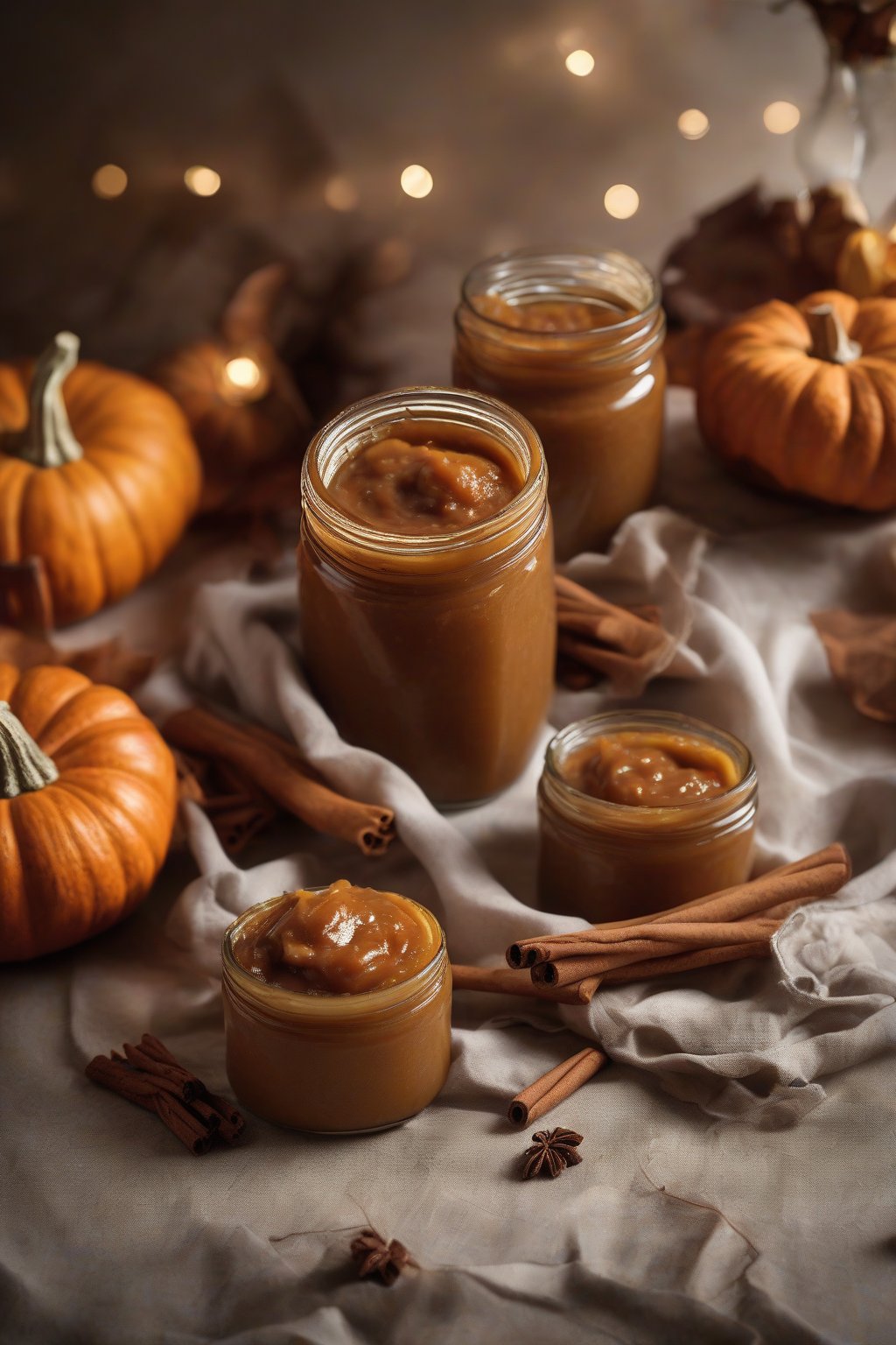 A high-resolution photo of pumpkin spice cinnamon apple butter jars with pumpkin accents, under soft lighting.