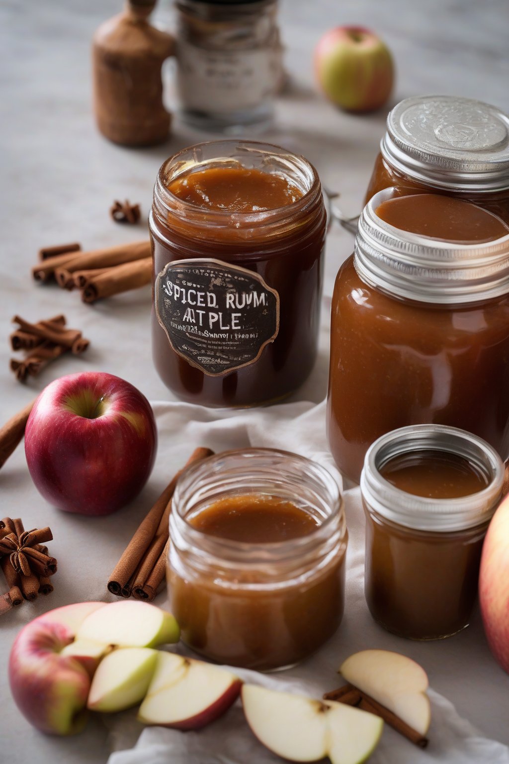 A high-resolution photo of spiced rum cinnamon apple butter in jars with rum bottle, under soft lighting.