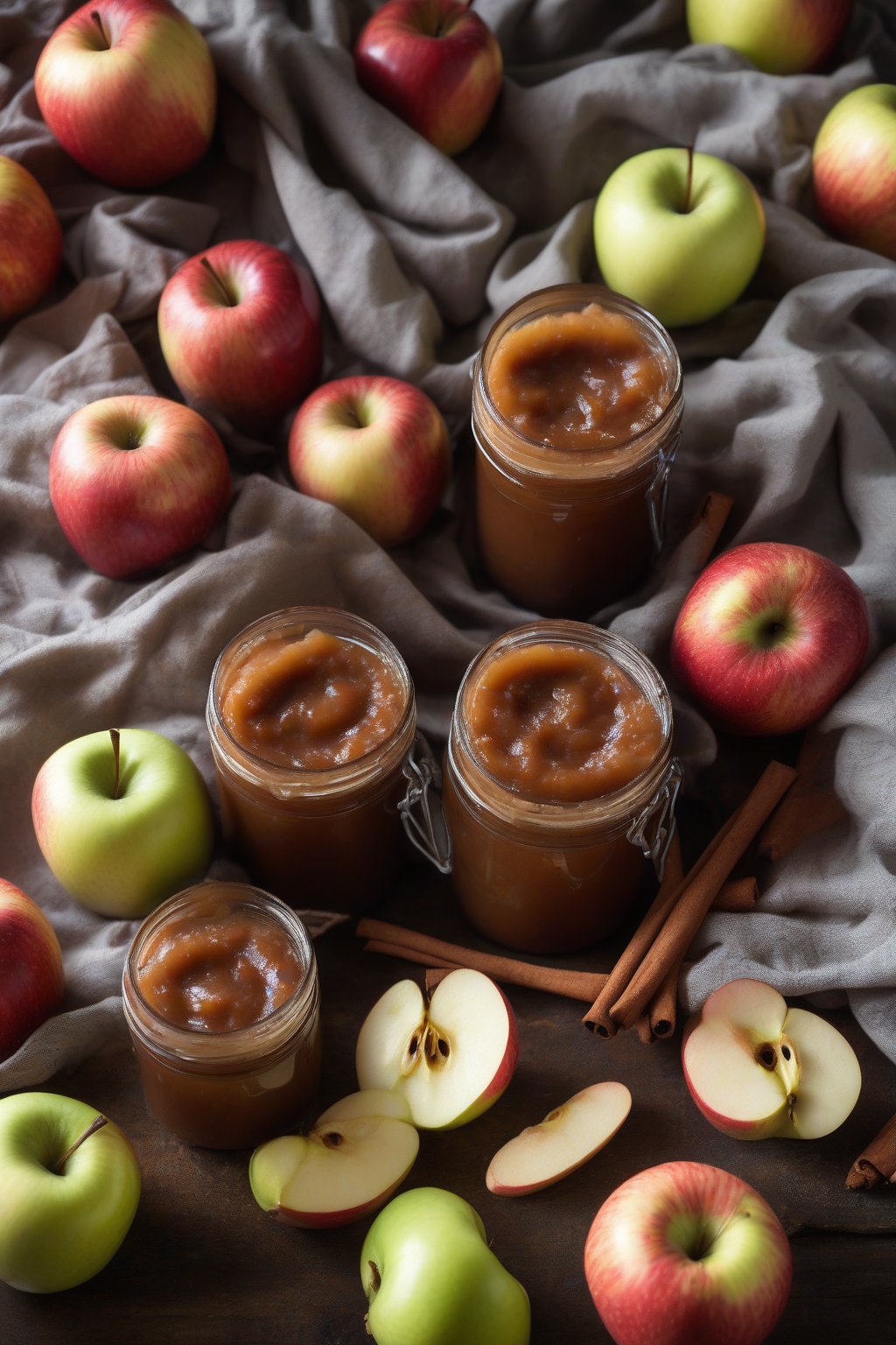 A high-resolution photo of sugar-free cinnamon apple butter jars with fresh apples, under soft lighting.
