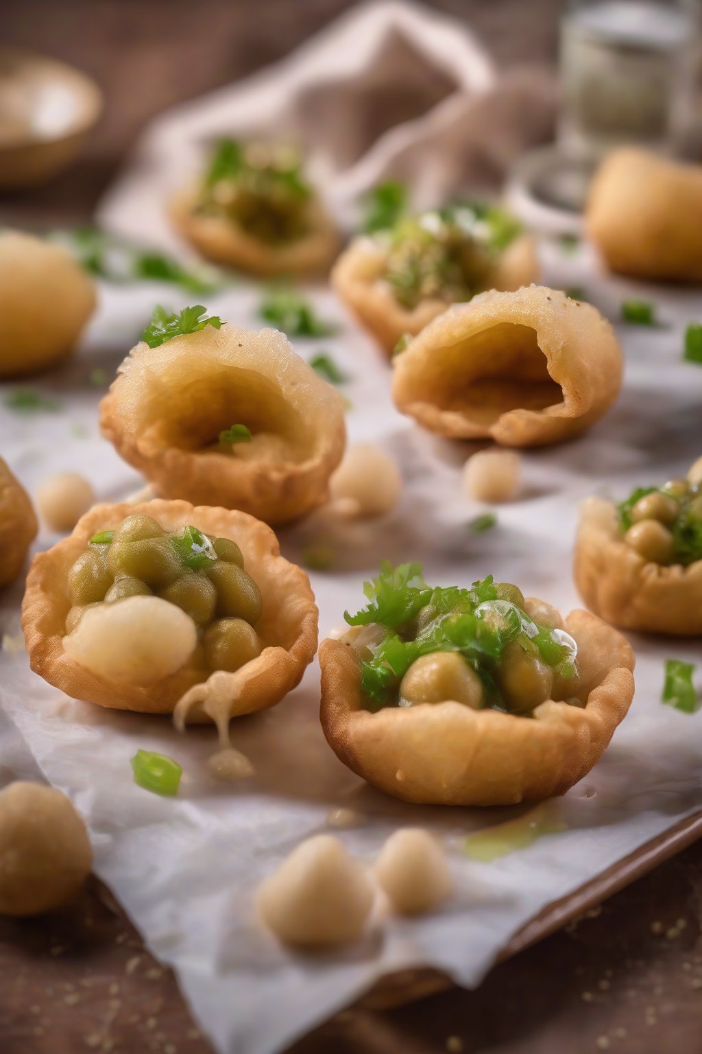 A high-resolution photo of golden crispy pani puri filled with potato-chickpea mix and dripping with green pani under soft lighting.