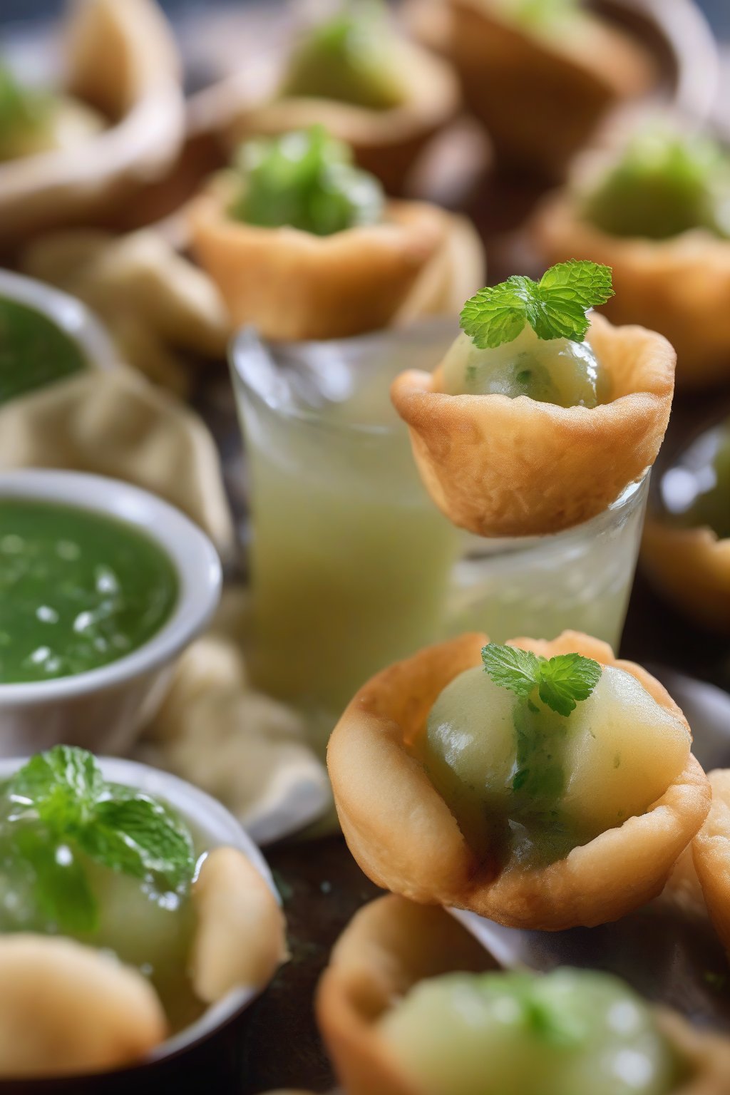 A high-resolution photo of mint-green pani puri shots garnished with sev under soft lighting.