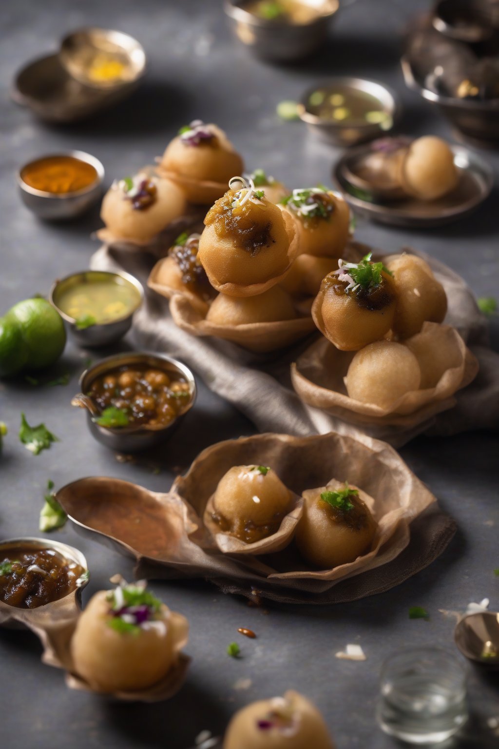 A high-resolution photo of dark tangy pani puri with tamarind drizzle under soft lighting.