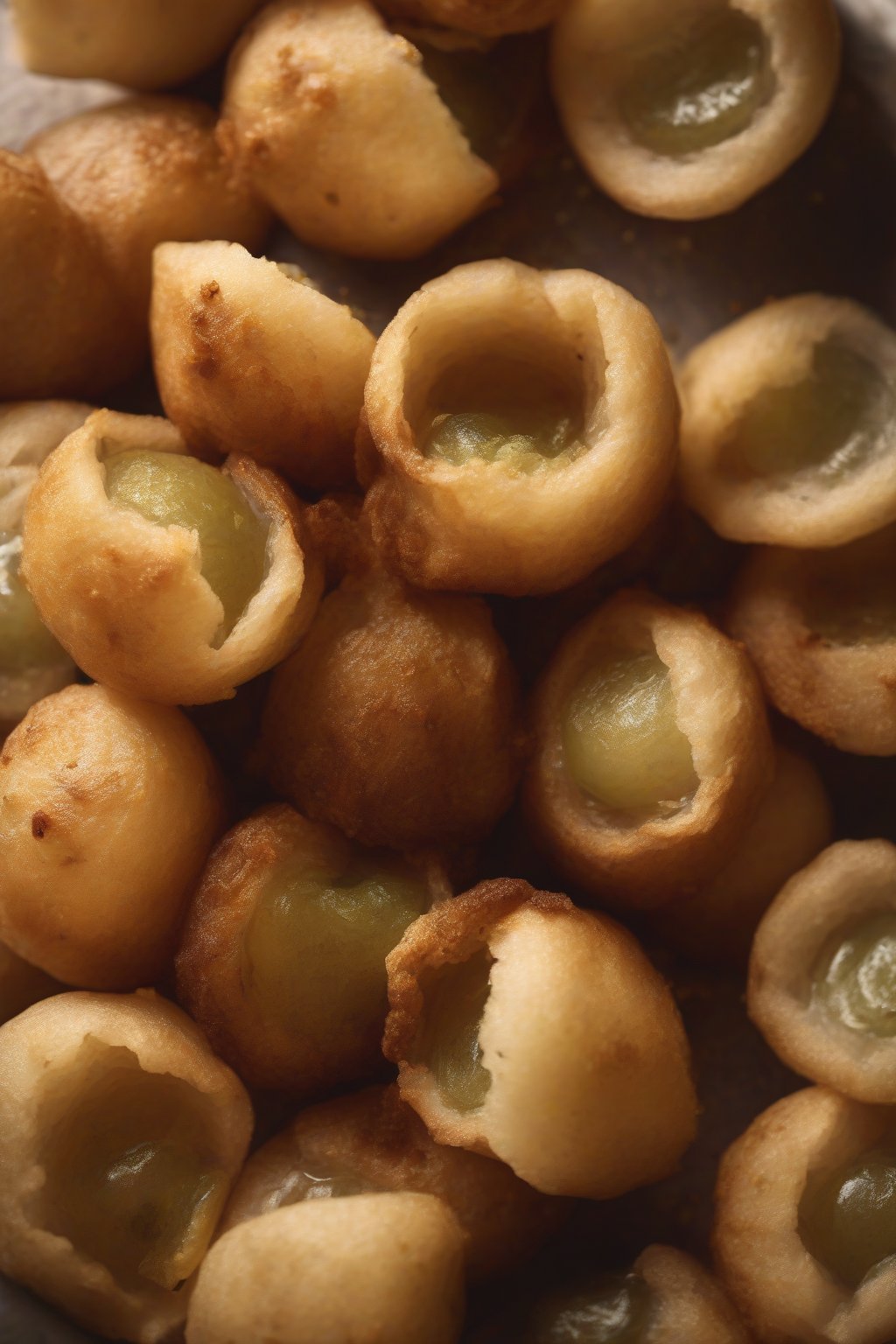 A high-resolution photo of cumin-flecked pani puri bursting open under soft lighting.