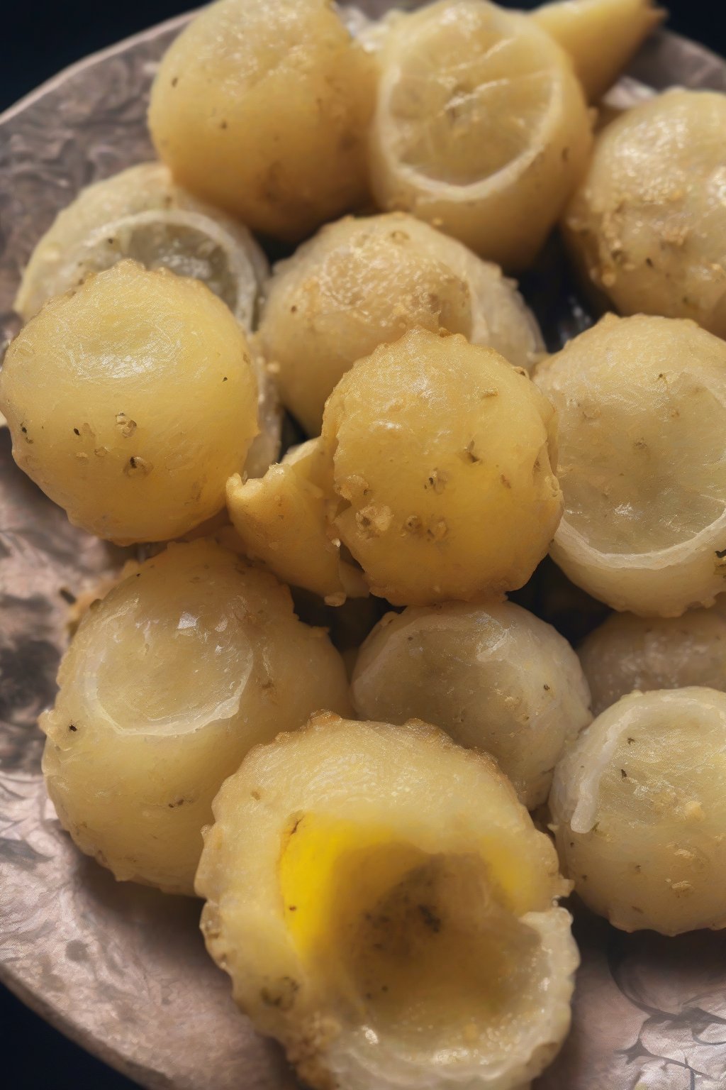 A high-resolution photo of vibrant yellow lemon pani puri with ginger specks under soft lighting.