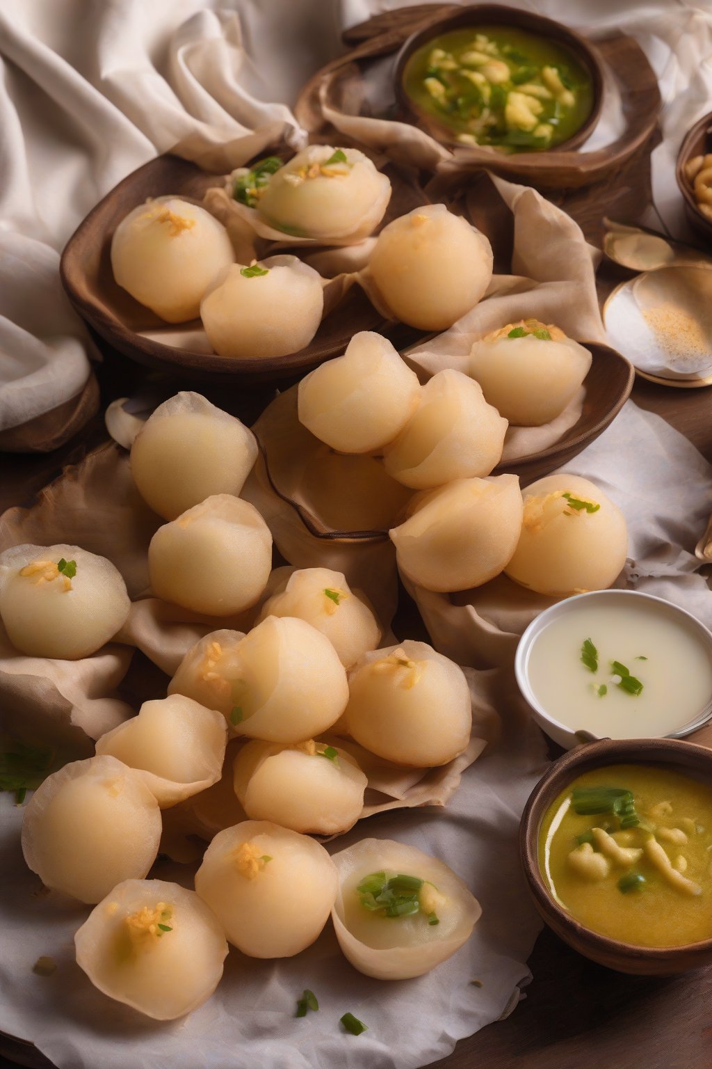 A high-resolution photo of creamy white coconut pani puri under soft lighting.