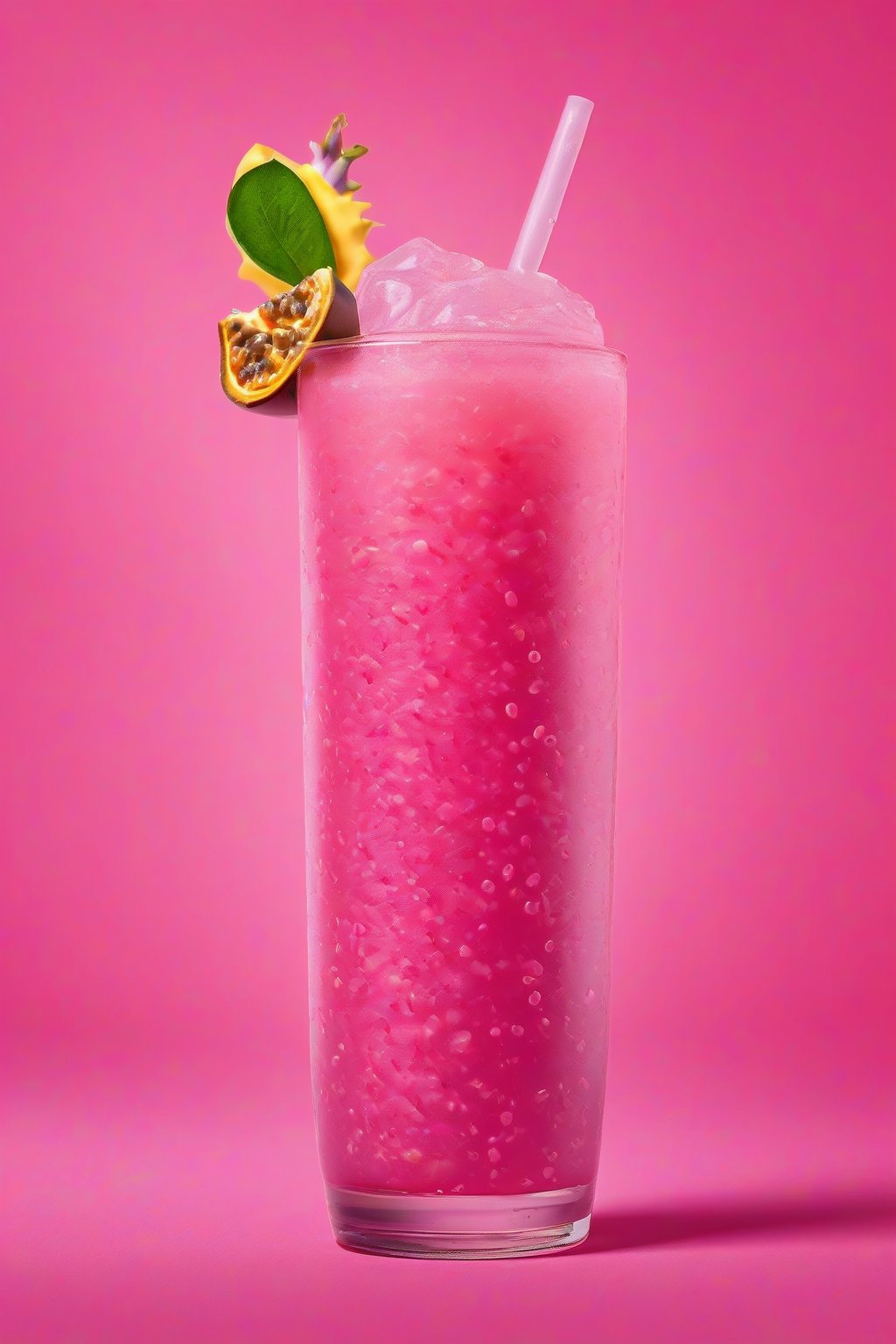 A high-resolution photo of the Passionfruit Zinger Pink Drink with seeded passionfruit flecks, bright pink and tangy under soft lighting.
