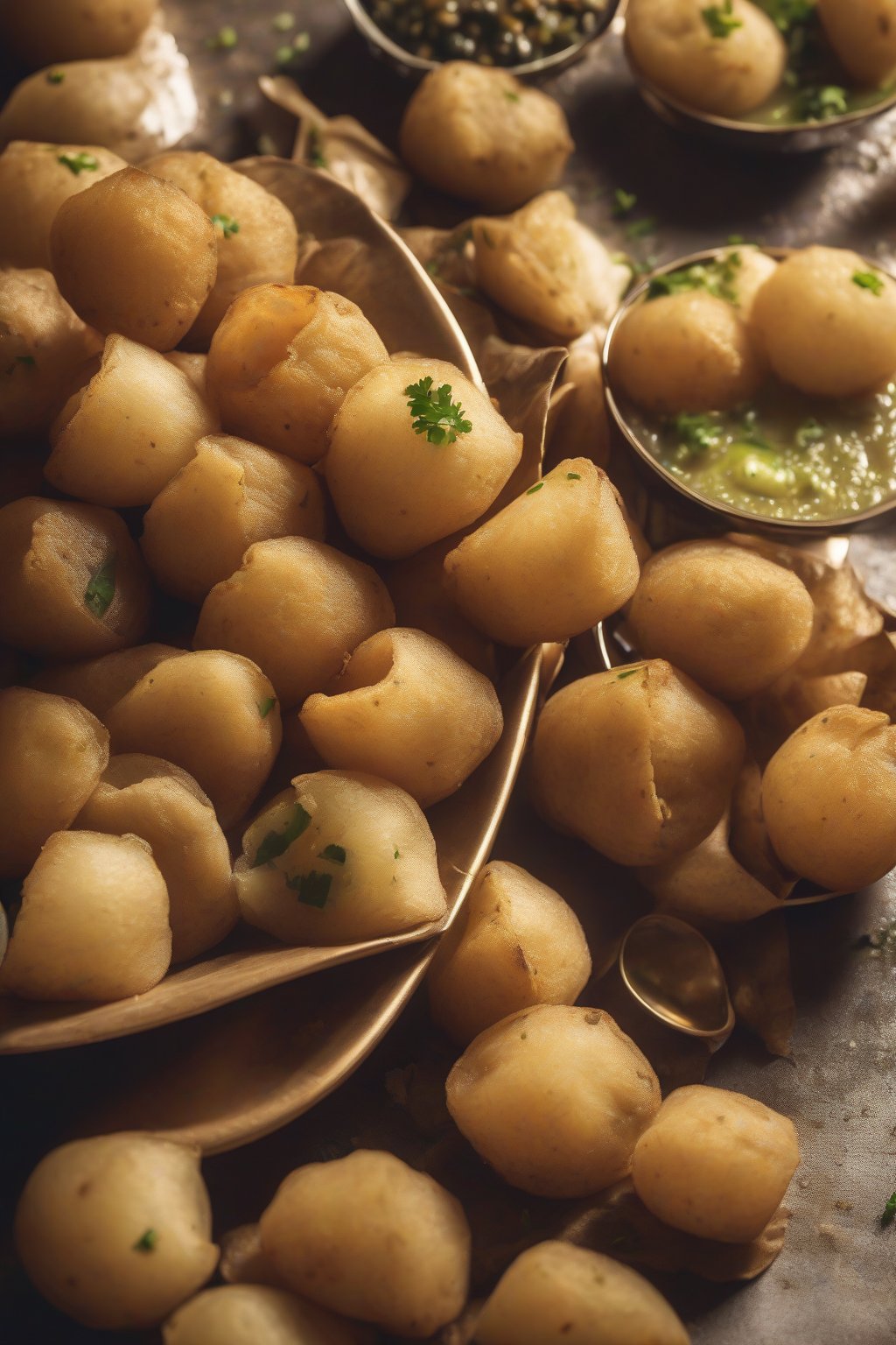 A high-resolution photo of masala-packed pani puri spilling potatoes under soft lighting.