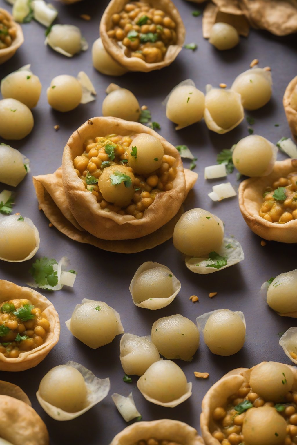 A high-resolution photo of hearty chana dal pani puri with onion bits under soft lighting.
