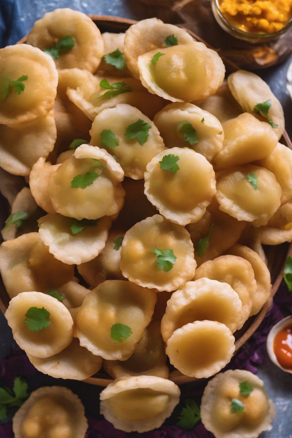 A high-resolution photo of papdi-layered pani puri under soft lighting.