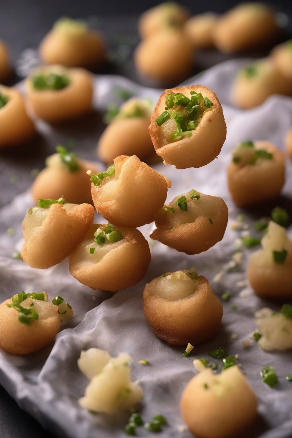 A high-resolution photo of sev-topped crispy pani puri under soft lighting.