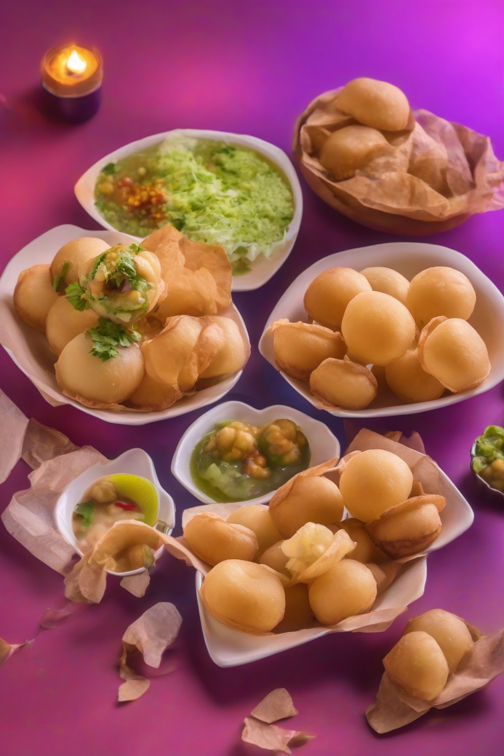 A high-resolution photo of colorful Mexican-style pani puri under soft lighting.