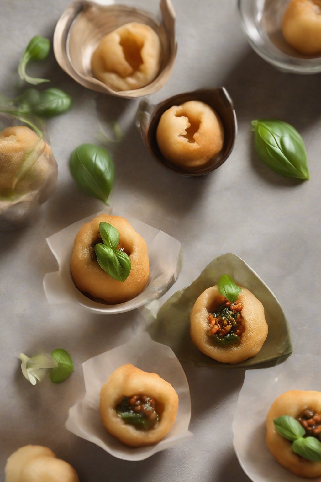 A high-resolution photo of aromatic Thai basil pani puri under soft lighting.