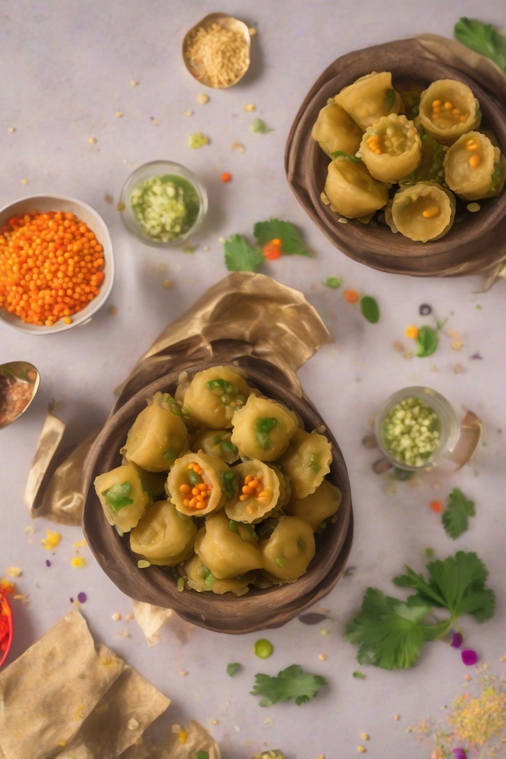 A high-resolution photo of green moong dal pani puri with veggie confetti under soft lighting.