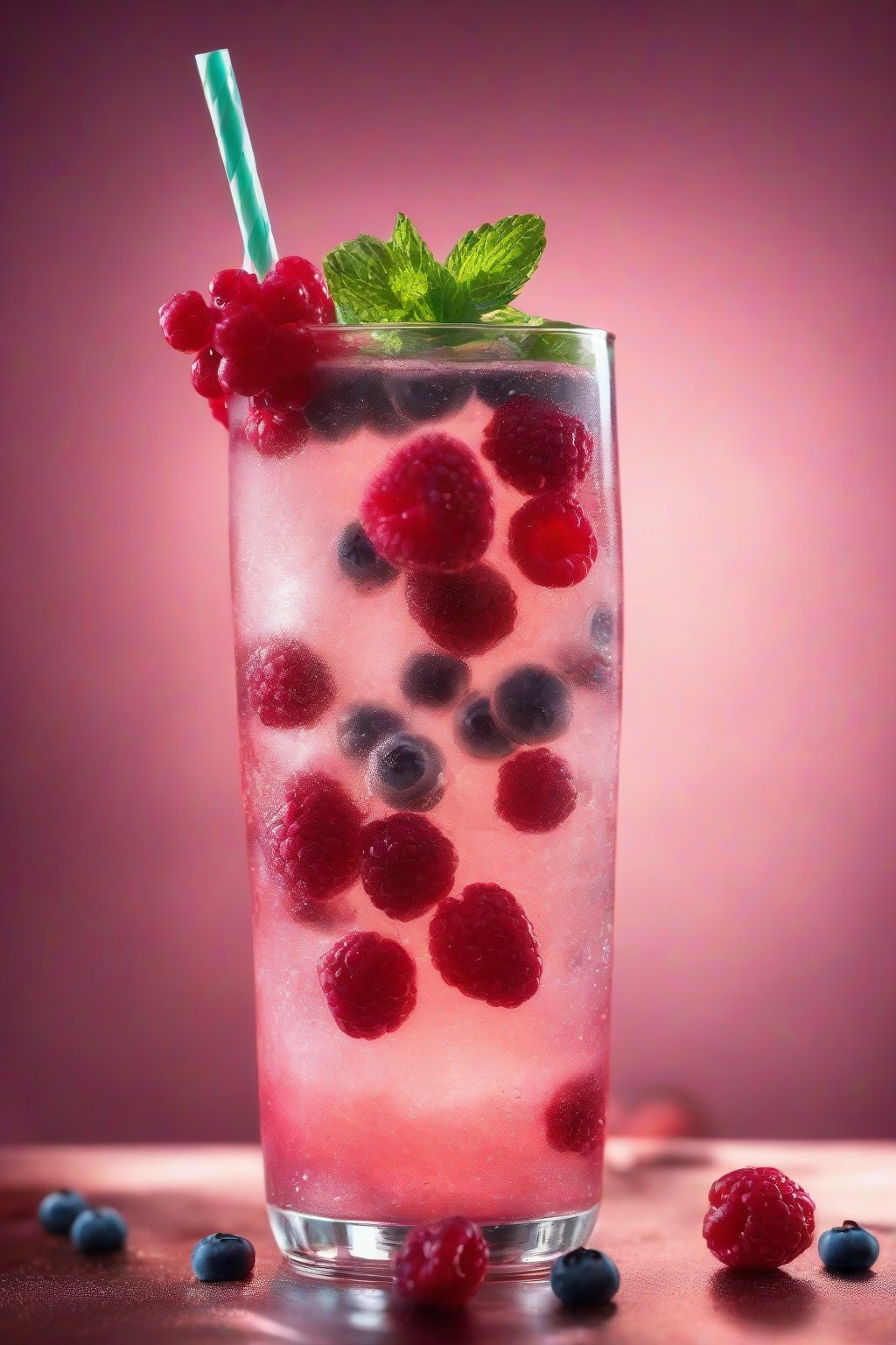 A high-resolution photo of a sparkling berry mocktail in a tall glass with floating berries and mint, under soft lighting.