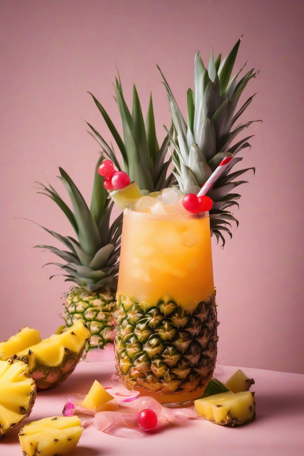 A high-resolution photo of a tropical paradise punch mocktail garnished with pineapple, under soft lighting.