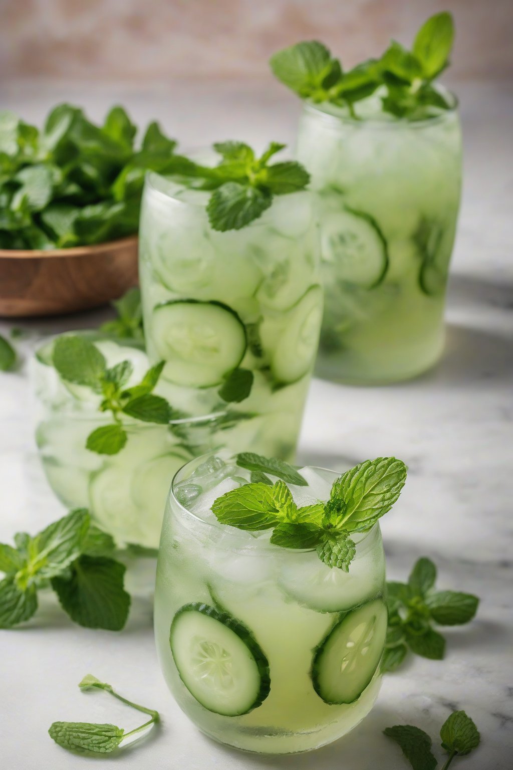 A high-resolution photo of a cucumber mint cooler with cucumber wheels and mint sprigs, under soft lighting.
