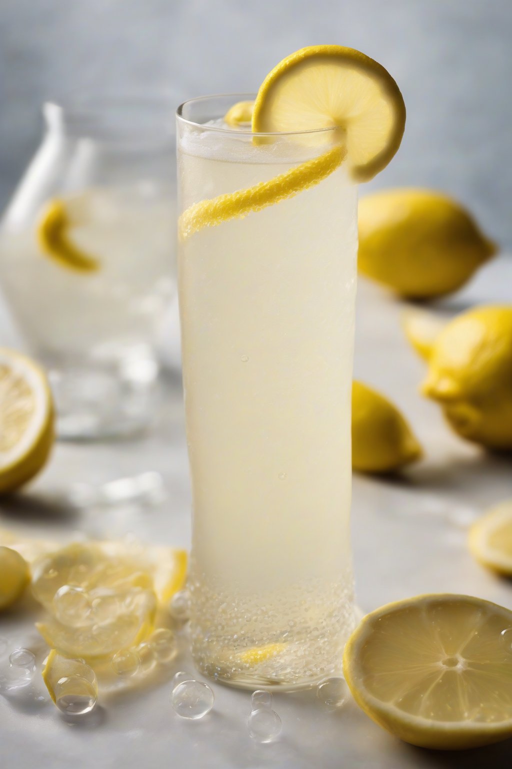 A high-resolution photo of a ginger lemon fizz in a glass with bubbles and lemon twist, under soft lighting.