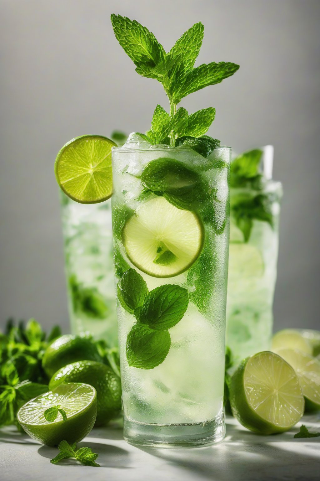 A high-resolution photo of a virgin mojito with muddled mint and lime wedges, under soft lighting.