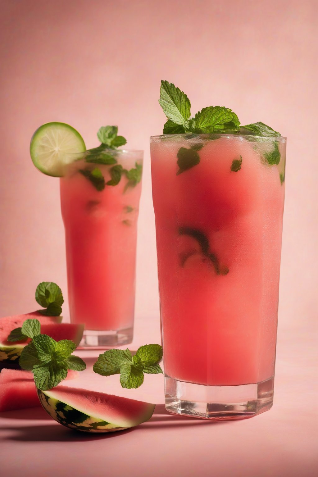 A high-resolution photo of a watermelon agua fresca with fresh chunks and mint, under soft lighting.