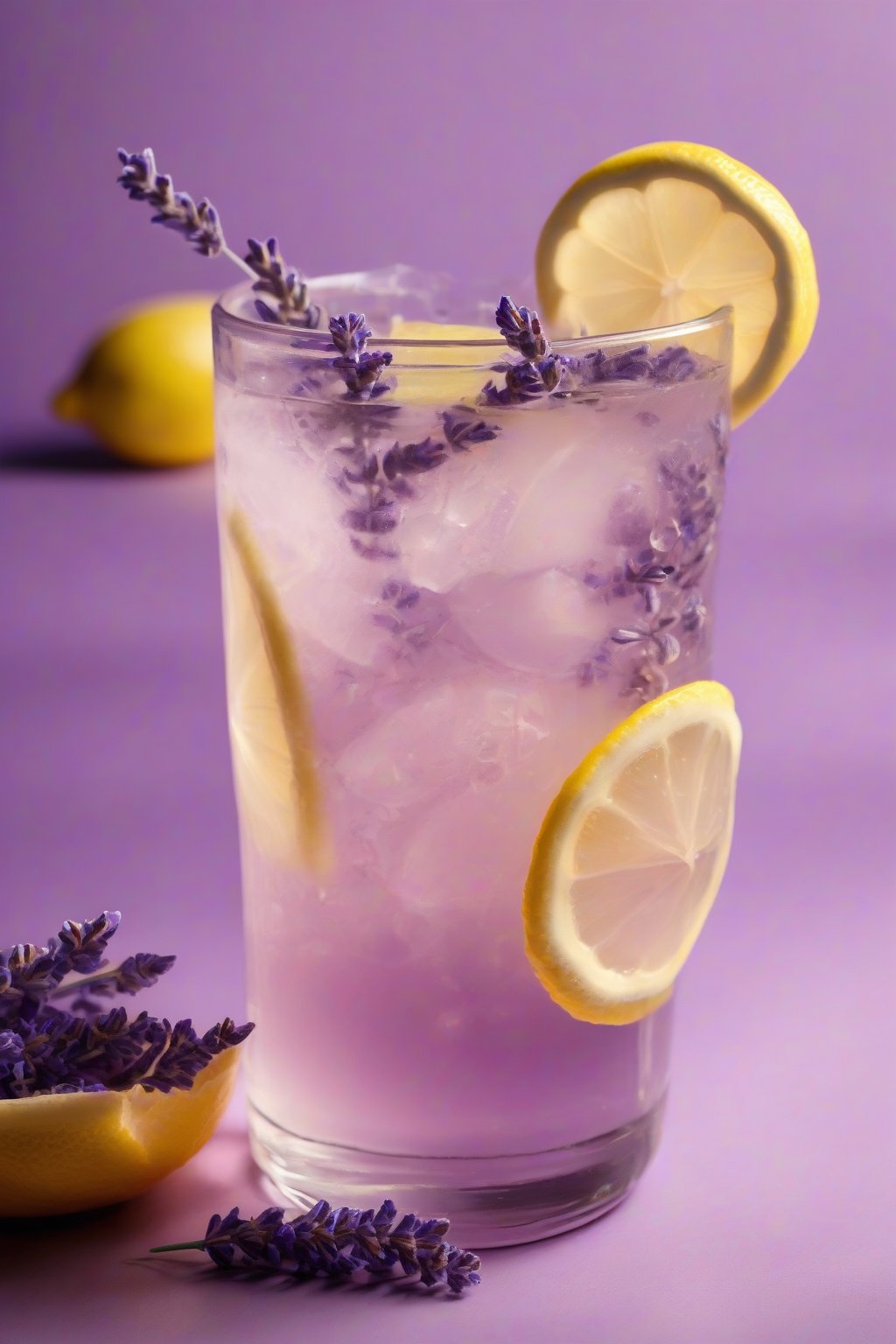 A high-resolution photo of a lavender lemonade with purple hues and lemon slice, under soft lighting.