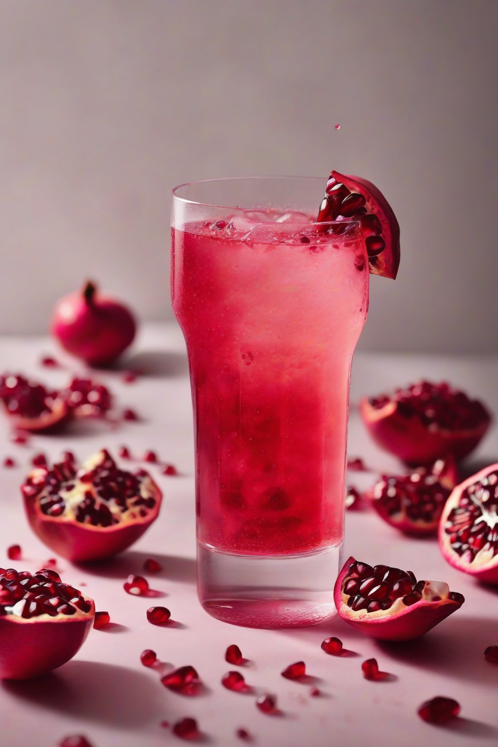 A high-resolution photo of a pomegranate spritzer with ruby seeds floating, under soft lighting.