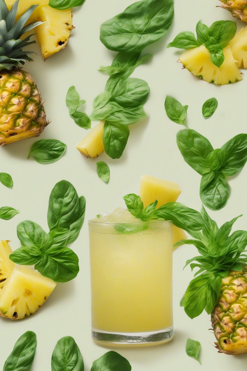 A high-resolution photo of a pineapple basil smash with green basil flecks, under soft lighting.