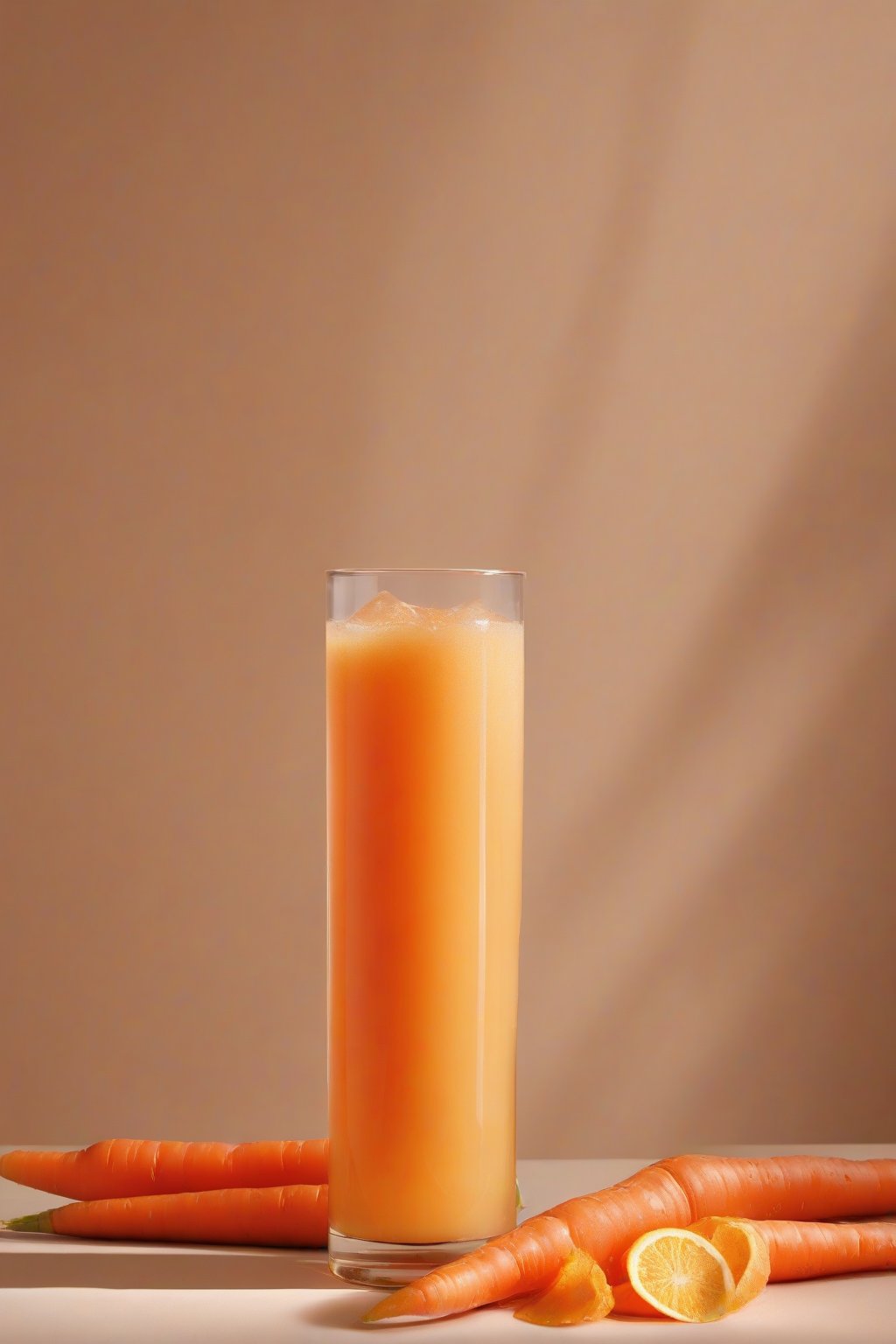 A high-resolution photo of a carrot ginger elixir in an orange-tinted glass, under soft lighting.