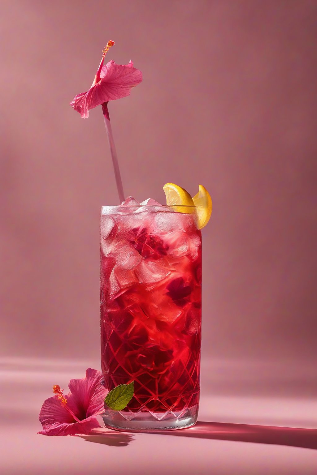 A high-resolution photo of a hibiscus iced tea twist with floral notes, under soft lighting.