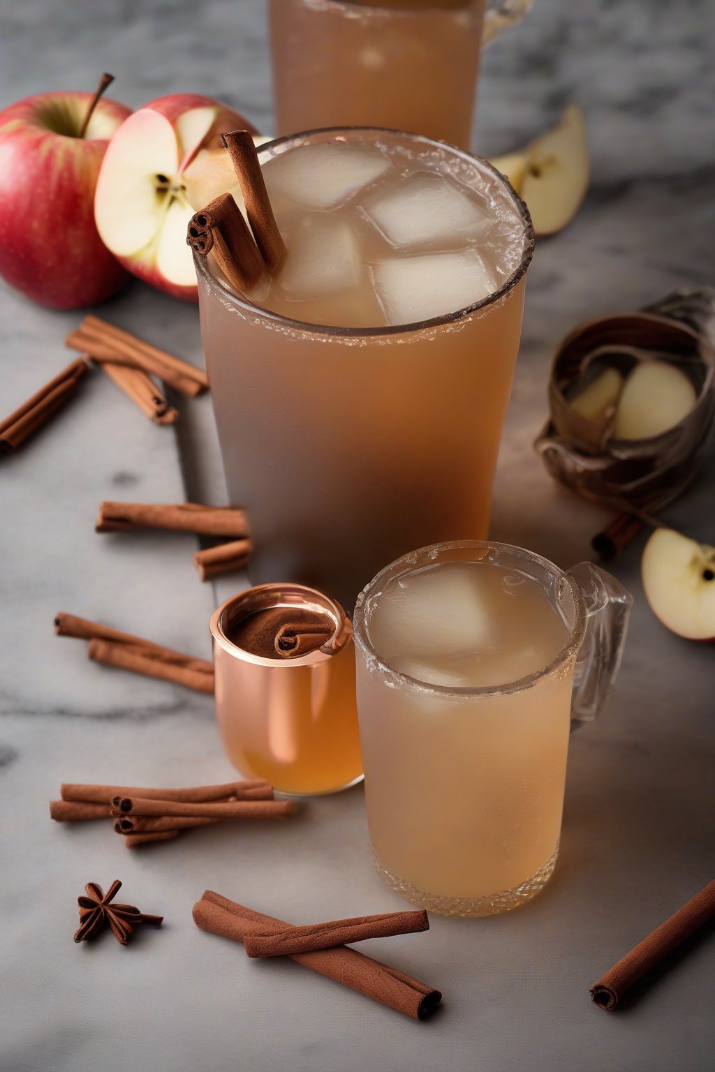 A high-resolution photo of an apple cider mule with cinnamon stick, under soft lighting.