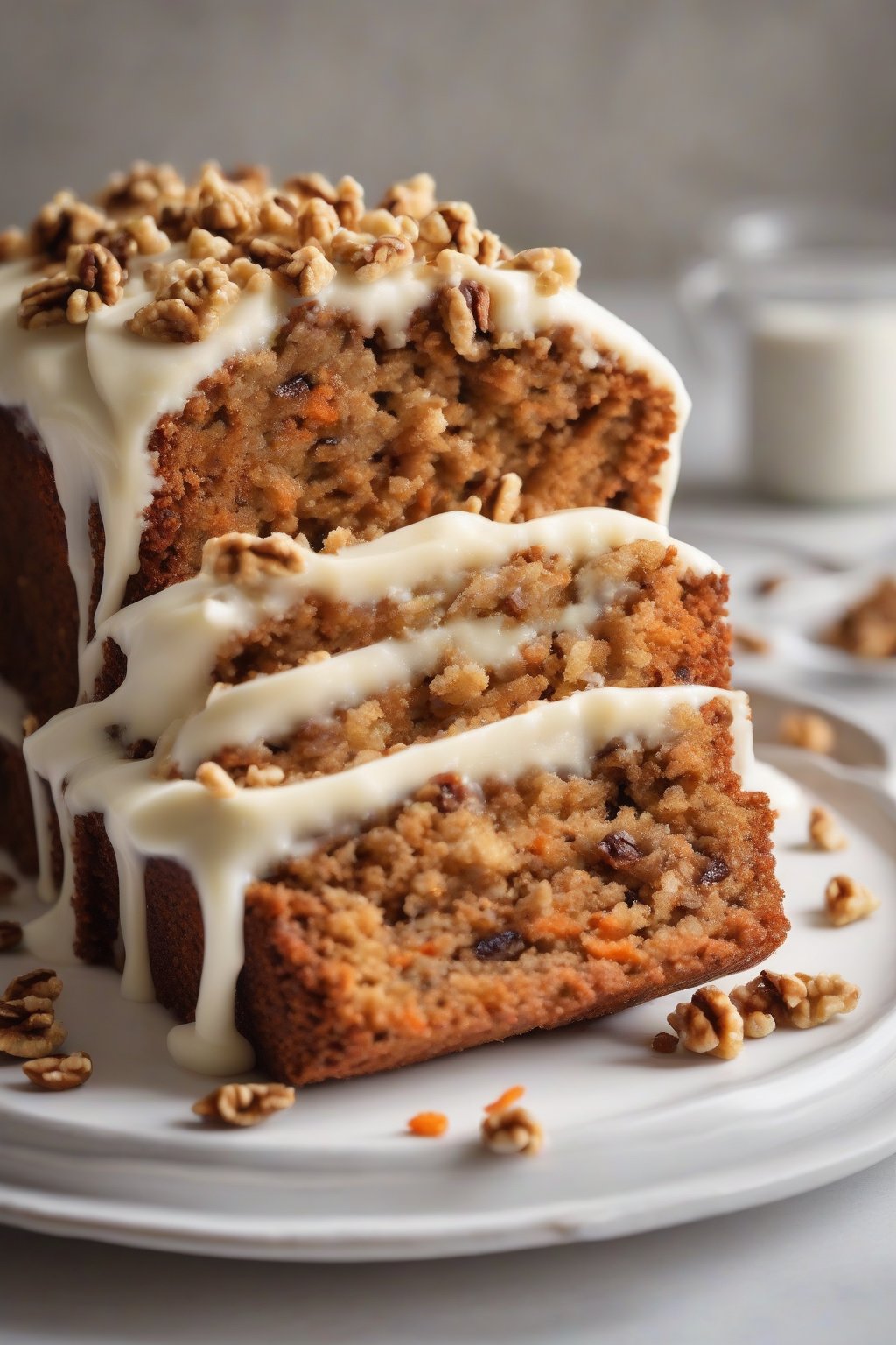 A high-resolution close-up photo of carrot cake loaf slice with cream cheese frosting and walnut topping, under soft lighting.