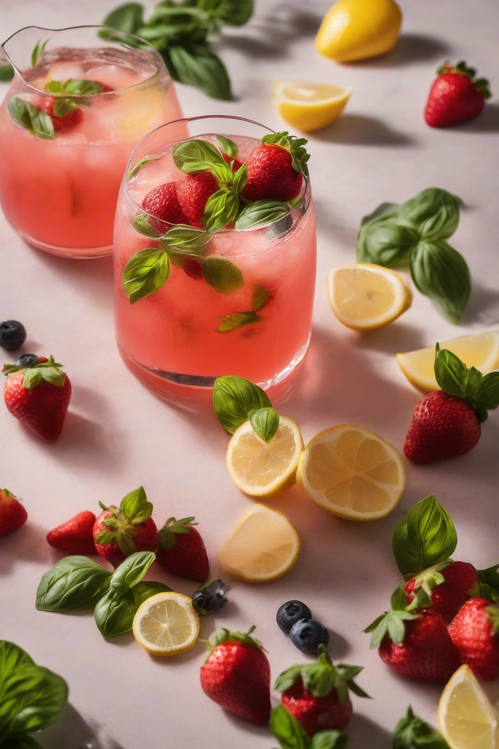 A high-resolution photo of strawberry basil lemonade with sliced berries, under soft lighting.