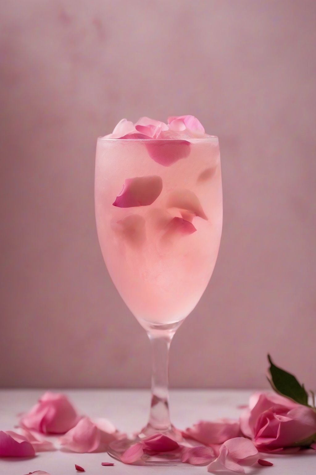 A high-resolution photo of a rosewater fizz with pink petals, under soft lighting.