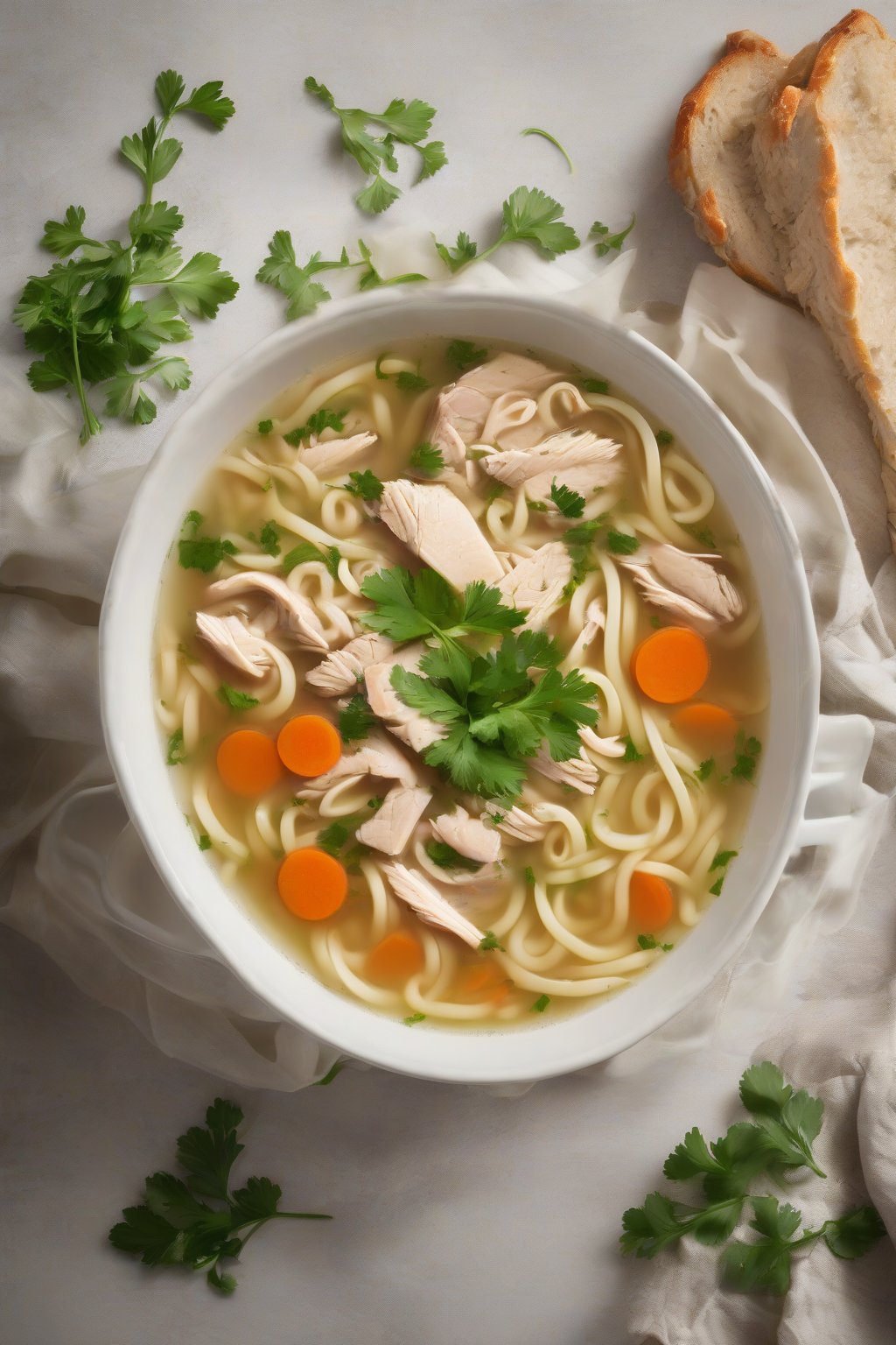 A high-resolution photo of a steaming bowl of classic chicken noodle soup garnished with fresh parsley, under soft lighting.