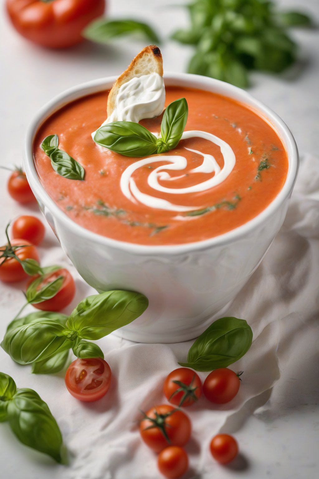 A high-resolution photo of creamy tomato basil soup swirled with cream and basil leaves, in a white bowl under soft lighting.