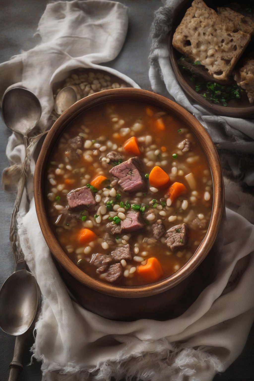 A high-resolution photo of hearty beef barley soup with chunks of tender meat and barley, steaming in a rustic bowl under soft lighting.