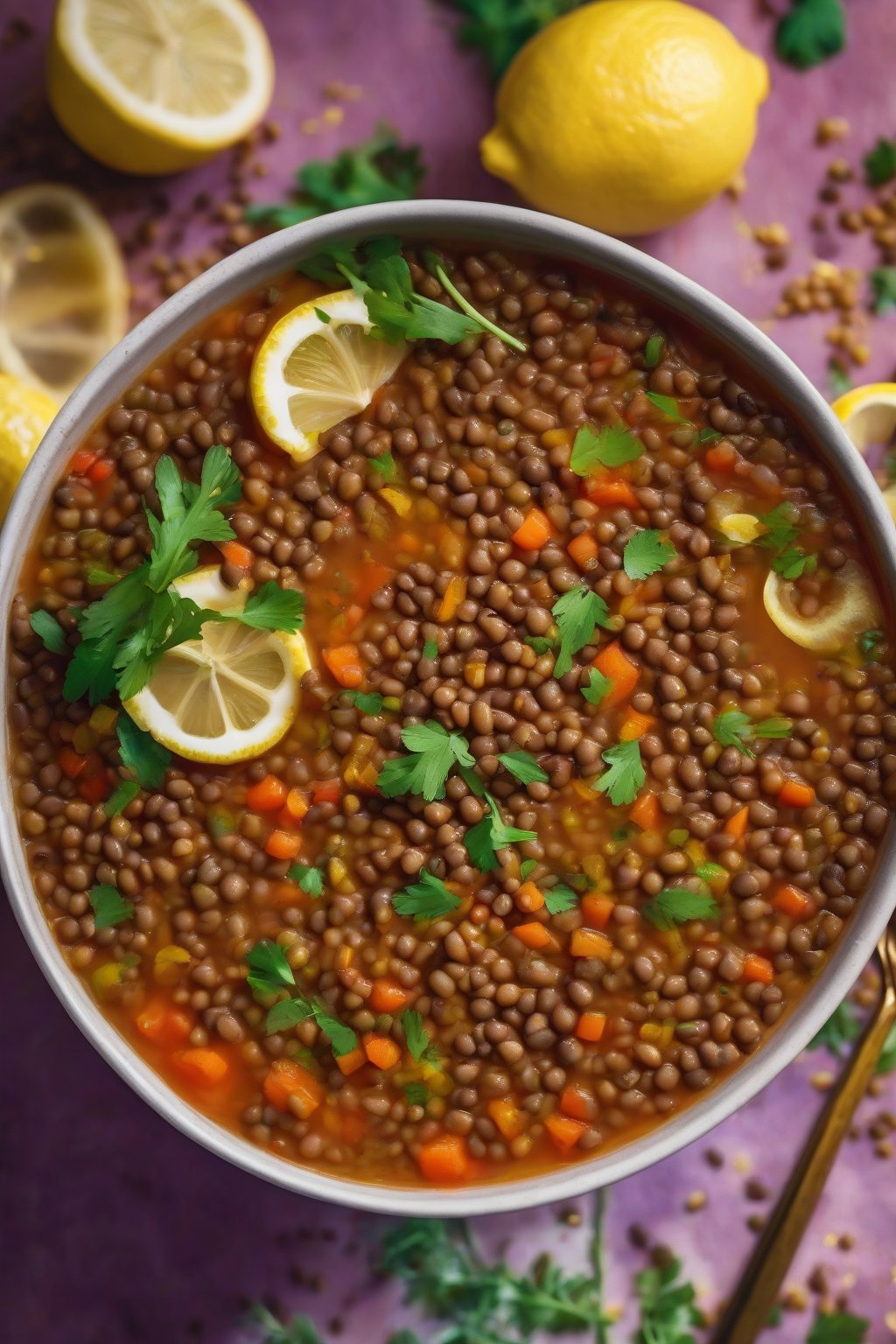 A high-resolution photo of vibrant vegan lentil soup topped with lemon zest, in a colorful bowl under soft lighting.