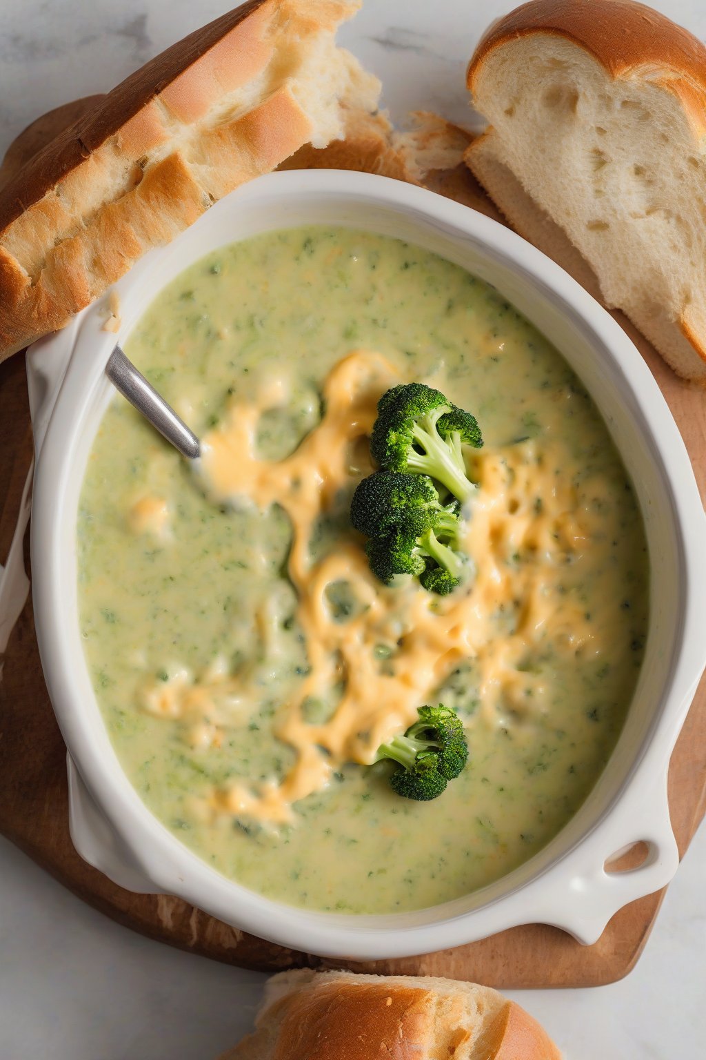 A high-resolution photo of thick broccoli cheddar soup with melted cheese pull, served in a bread bowl under soft lighting.