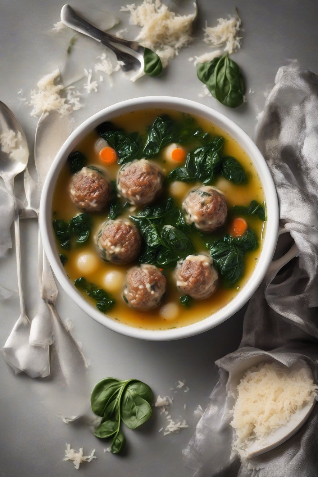 A high-resolution photo of Italian wedding soup with tiny meatballs and wilted spinach, garnished with Parmesan under soft lighting.