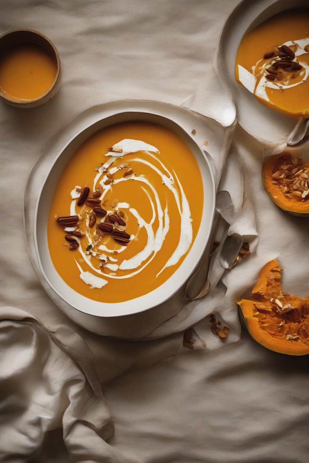A high-resolution photo of smooth roasted pumpkin soup drizzled with coconut milk, in an orange-rimmed bowl under soft lighting.