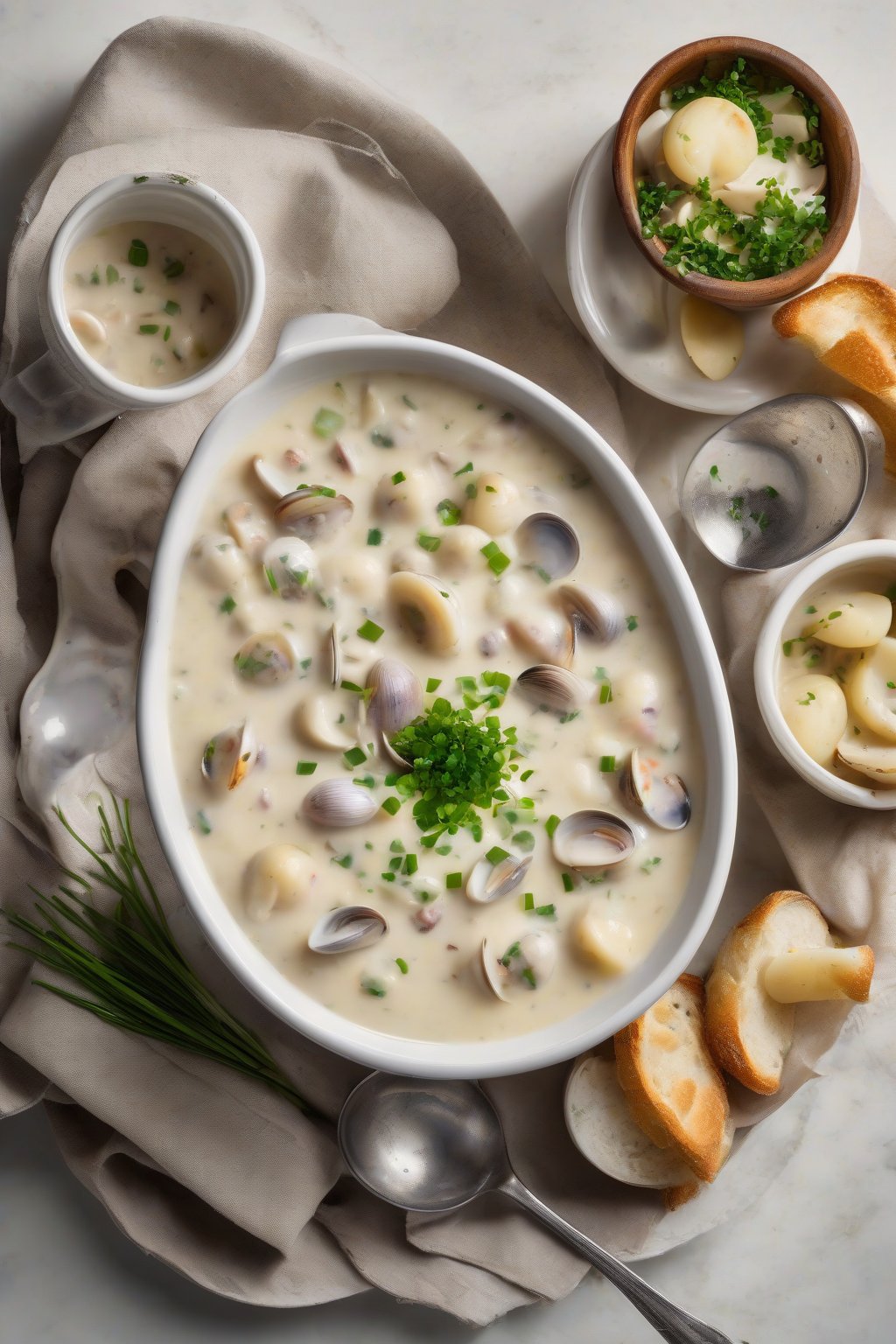 A high-resolution photo of thick New England clam chowder with potato chunks and clams, topped with chives under soft lighting.