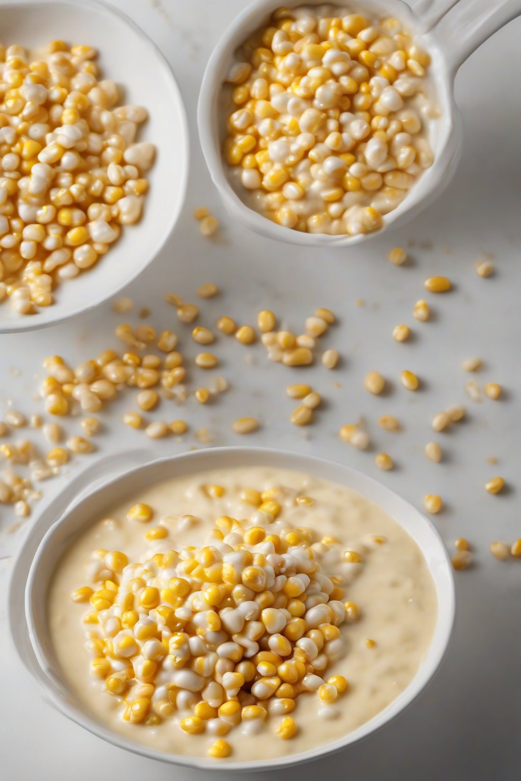 A high-resolution photo of homestyle sweet kernel cream corn in a white bowl, golden kernels glistening in creamy sauce under soft lighting.
