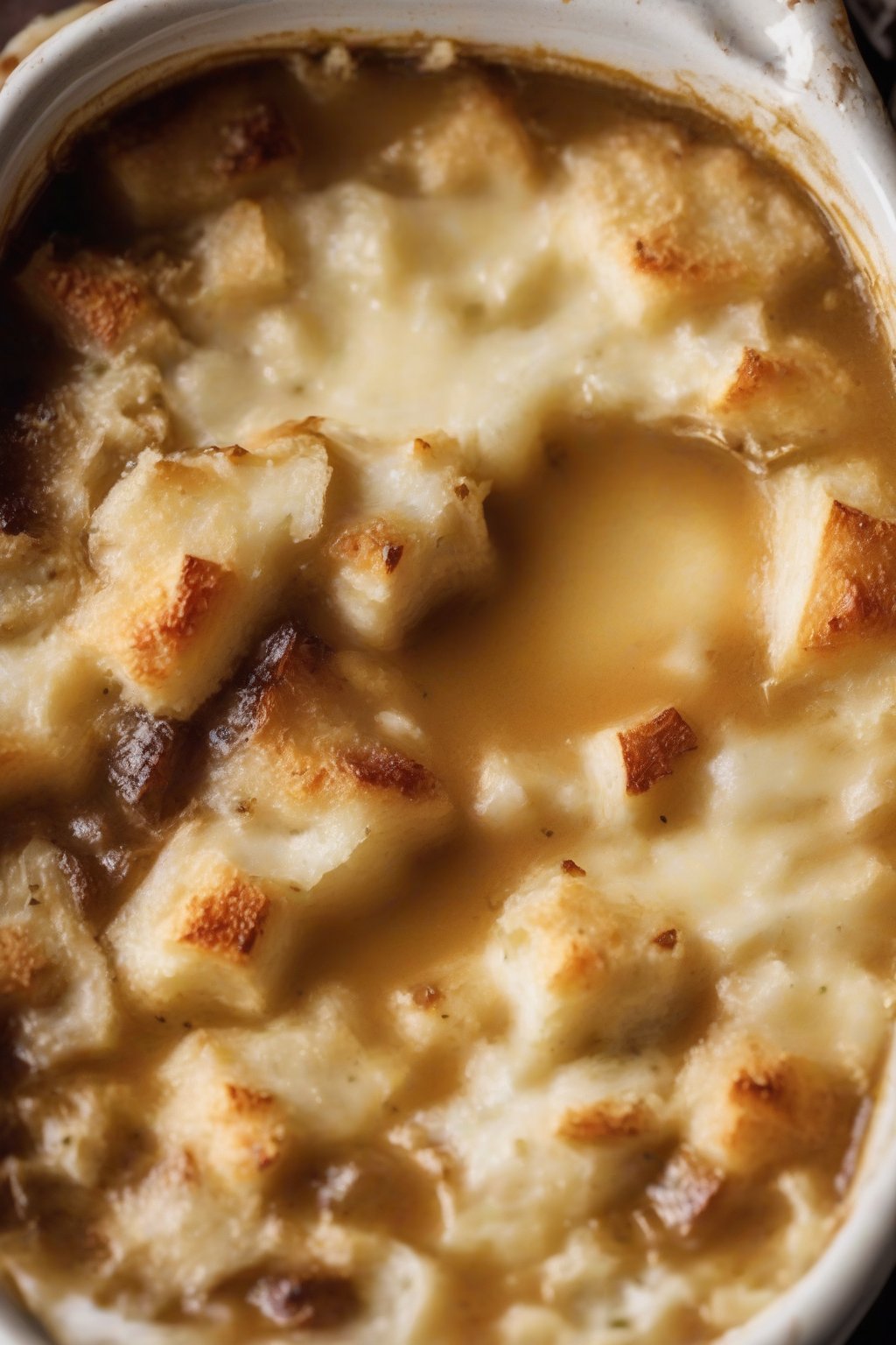 A high-resolution photo of French onion soup in a crock with melted gruyere bubbling over croutons, under soft lighting.