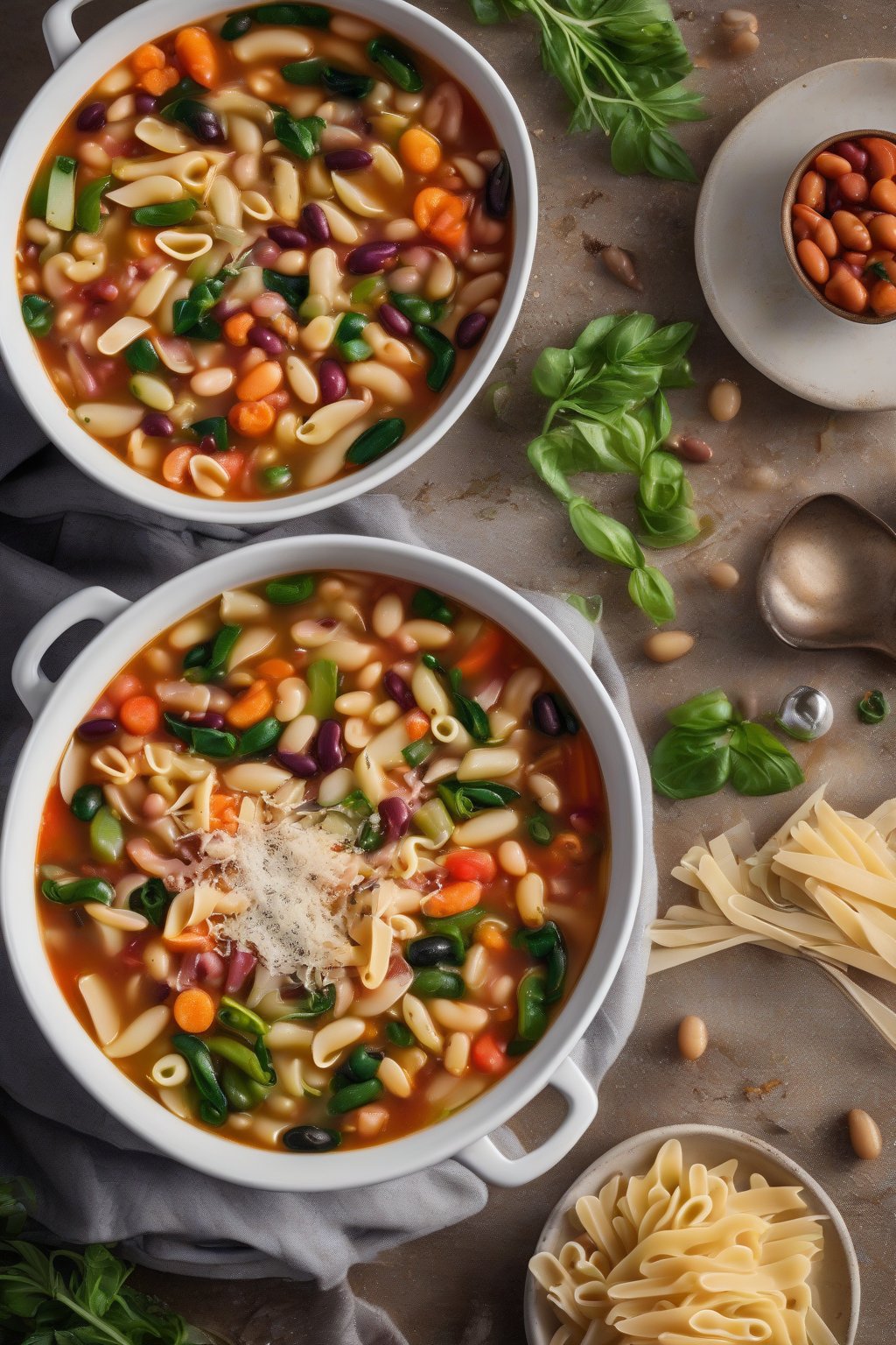 A high-resolution photo of colorful minestrone soup with beans, pasta, and veggies, sprinkled with Parmesan under soft lighting.