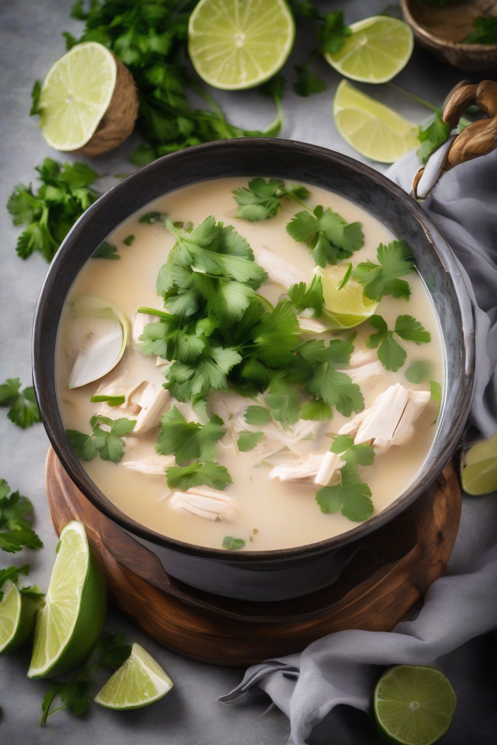 A high-resolution photo of fragrant Thai coconut chicken soup with lime wedges and cilantro, steaming vibrantly under soft lighting.