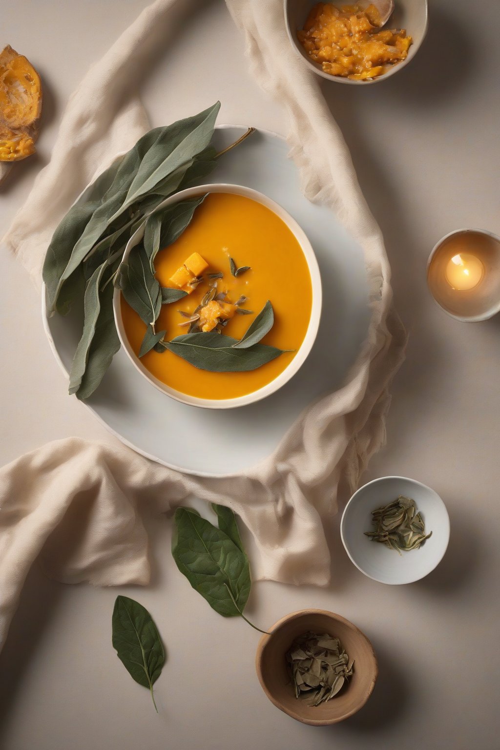 A high-resolution photo of silky butternut squash soup garnished with fried sage leaves, in a deep bowl under soft lighting.